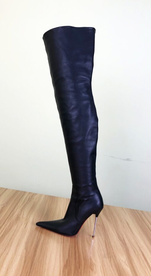 99New In stock OBL-T-23414 Size 38 Black Mixed Sheepskin 12cm Metal Thigh Boots - Image 2