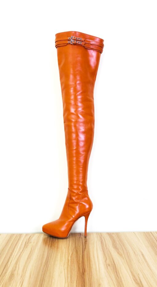 90% new in stock OBL-TB-222 Size 38 Orange High Quality Cowhide 12cm Heel Small Pointed Toe Thigh Boots - Image 2