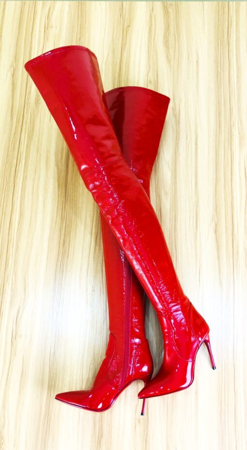 80% New In Stock OBL-T-2413 Size 38 Red Stretch Patent Leather 10cm High Heel Long Pointed Toe Thigh Boots - Image 7
