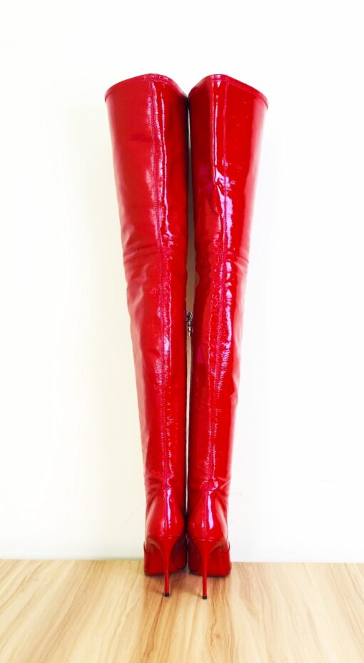80% New In Stock OBL-T-2413 Size 38 Red Stretch Patent Leather 10cm High Heel Long Pointed Toe Thigh Boots - Image 6