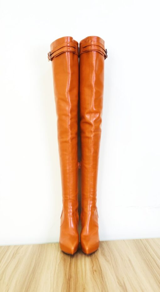 90% new in stock OBL-TB-222 Size 38 Orange High Quality Cowhide 12cm Heel Small Pointed Toe Thigh Boots - Image 5