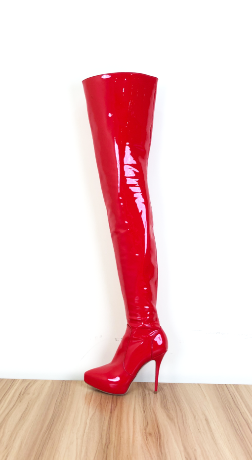 New in stock OBL-T-2419 Size 38 Red Mirror Patent Leather 12cm High Heel Small Pointed Toe Thigh Boots
