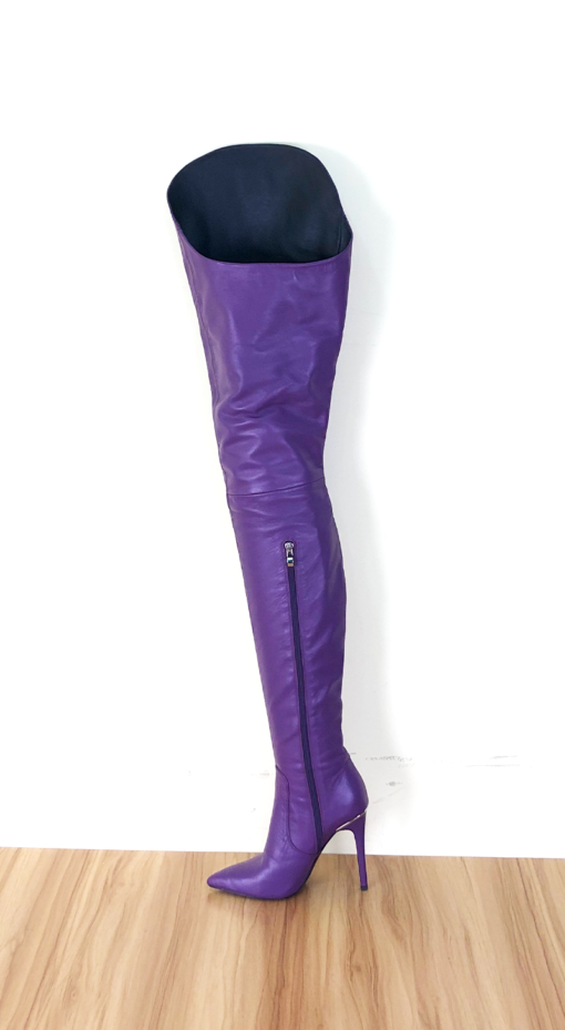 90% new in stock OBL-S-2364 size 37 purple mixed sheepskin 12cm high heel small pointed shell and hip boots - Image 3