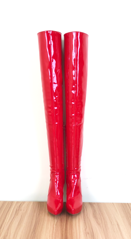 New in stock OBL-T-2419 Size 38 Red Mirror Patent Leather 12cm High Heel Small Pointed Toe Thigh Boots - Image 4