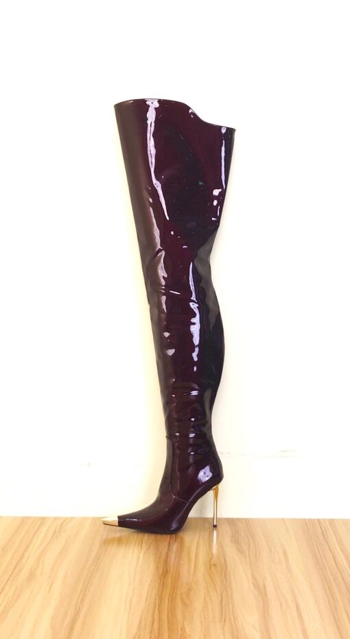 99% new in stock OBL-T-2437 Size 40 Burgundy Beaded Patent Leather 11cm High Heel Long Pointed Toe Thigh Boots
