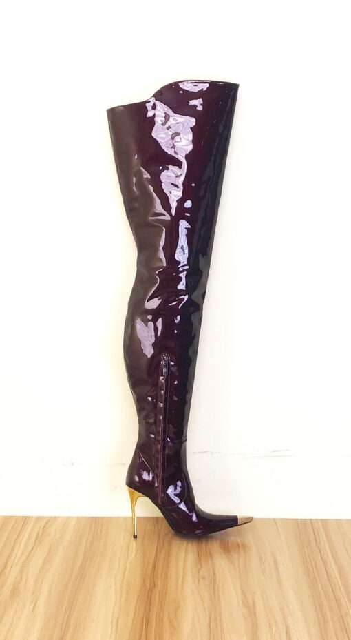 99% new in stock OBL-T-2437 Size 40 Burgundy Beaded Patent Leather 11cm High Heel Long Pointed Toe Thigh Boots - Image 3