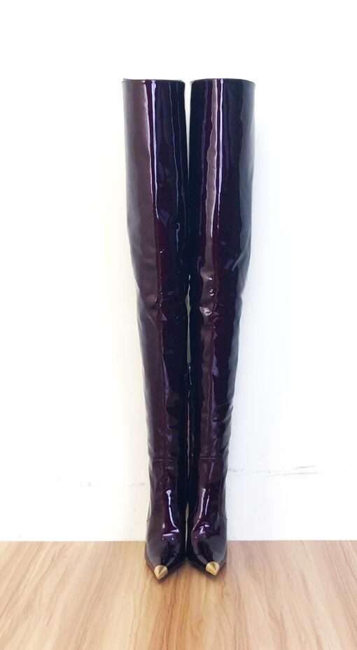 99% new in stock OBL-T-2437 Size 40 Burgundy Beaded Patent Leather 11cm High Heel Long Pointed Toe Thigh Boots - Image 4