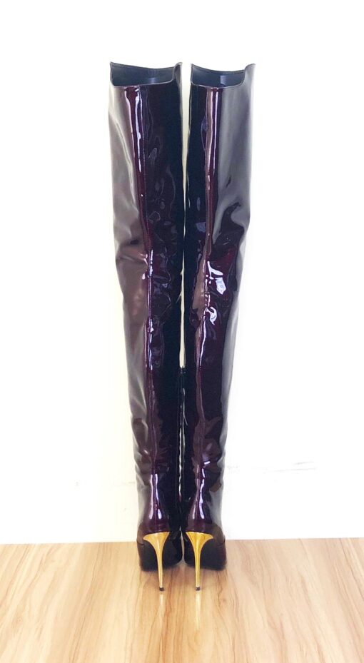 99% new in stock OBL-T-2437 Size 40 Burgundy Beaded Patent Leather 11cm High Heel Long Pointed Toe Thigh Boots - Image 5