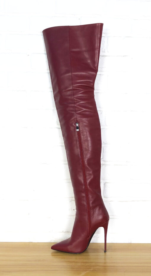 80% New In Stock OBL-T-2366 Size 37 Burgundy Glossy Cowhide 12cm High Heel Small Pointed Toe Thigh Boots - Image 5