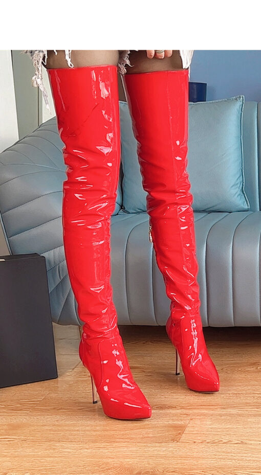 80% new in stock OBL-T-2420 Size 39 Red Mirror Patent Leather 12cm High Heel Small Pointed Toe Thigh Boots