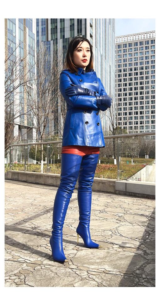 90% New In Stock OBL-T-2418 Size 40 Blue Mixed Sheepskin 11cm Heel Metal Long Pointed Toe Thigh Boots