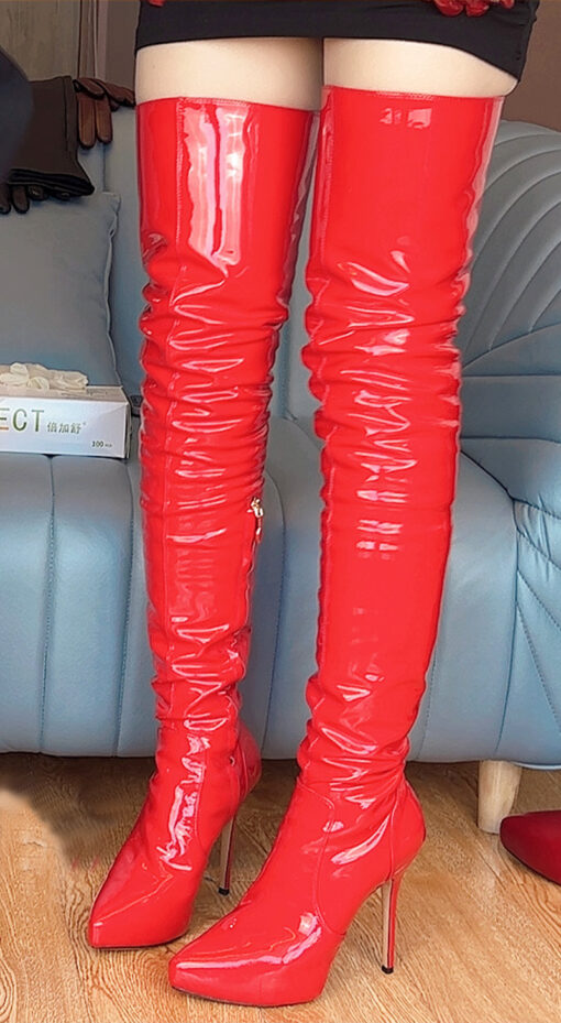80% new in stock OBL-T-2420 Size 39 Red Mirror Patent Leather 12cm High Heel Small Pointed Toe Thigh Boots - Image 4