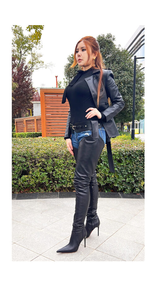 80% New In Stock OBL-S-23106 39 Size Mixed Sheepskin 11cm Heel Long Pointed Toe Hanging Waist & Hip Boots