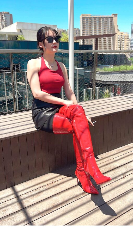 80% New In Stock OBL-T-2413 Size 38 Red Stretch Patent Leather 10cm High Heel Long Pointed Toe Thigh Boots