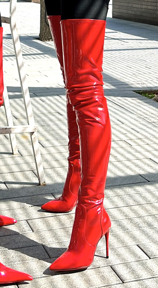 80% New In Stock OBL-T-2413 Size 38 Red Stretch Patent Leather 10cm High Heel Long Pointed Toe Thigh Boots - Image 5