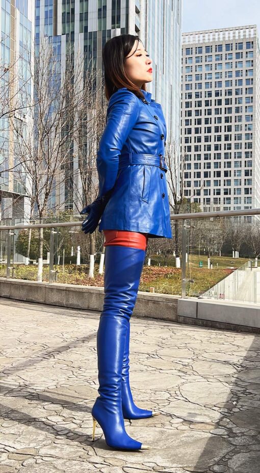 90% New In Stock OBL-T-2418 Size 40 Blue Mixed Sheepskin 11cm Heel Metal Long Pointed Toe Thigh Boots - Image 2