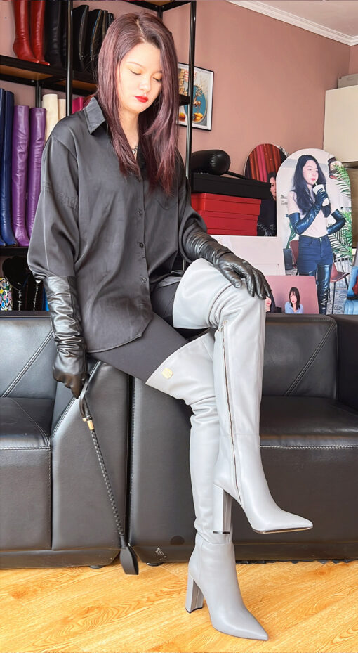 90% new in stock OBL-O-2368 Size 39 Smoke Gray Mixed Sheepskin 10cm Chunky Heel Small Pointed Toe Thigh Boots - Image 2
