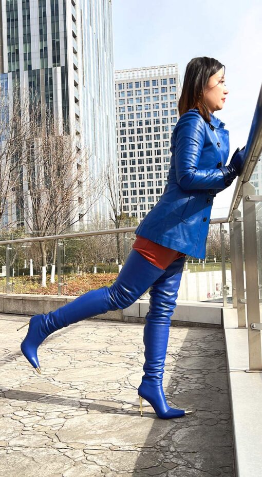 90% New In Stock OBL-T-2418 Size 40 Blue Mixed Sheepskin 11cm Heel Metal Long Pointed Toe Thigh Boots - Image 3