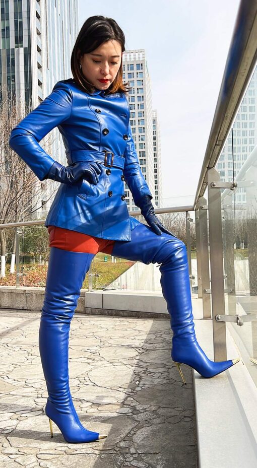 90% New In Stock OBL-T-2418 Size 40 Blue Mixed Sheepskin 11cm Heel Metal Long Pointed Toe Thigh Boots - Image 4