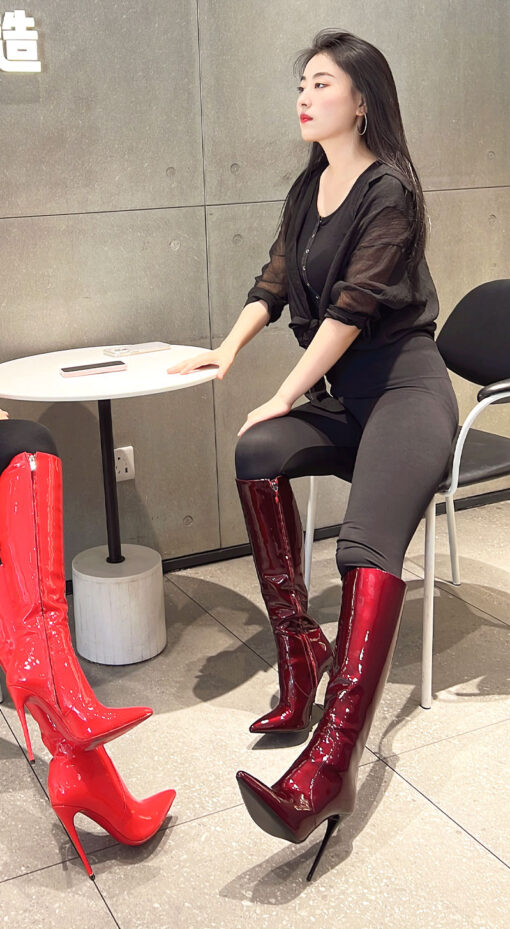 90% New In Stock OBL-K-2358 Size 37 Burgundy Pearlized Cowhide 12cm Small Pointed Toe Knee Boots - Image 2