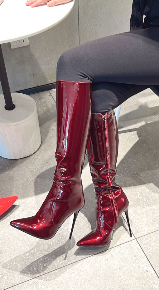 90% New In Stock OBL-K-2358 Size 37 Burgundy Pearlized Cowhide 12cm Small Pointed Toe Knee Boots - Image 3