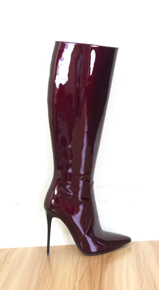 90% New In Stock OBL-K-2358 Size 37 Burgundy Pearlized Cowhide 12cm Small Pointed Toe Knee Boots - Image 4