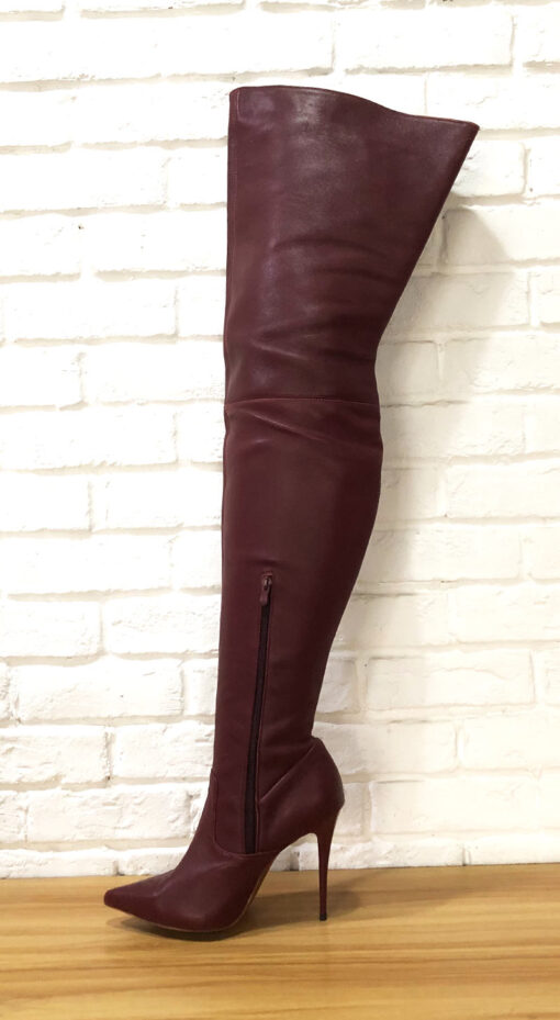90% New In Stock Internet Brand Size 40 Burgundy Soft Flesh Sheepskin 12cm Small Pointed Toe Thigh Boots - Image 2
