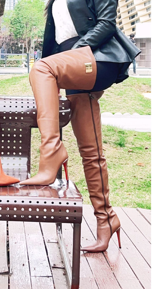 90% new in stock OBL-T-2452 size 40 light brown high quality mixed breed sheepskin 11cm long pointed thigh boots