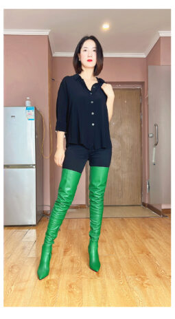 70% New In Stock Internet Brand Size 37 Green Soft Flesh Sheepskin 10cm Small Pointed Toe Thigh Boots