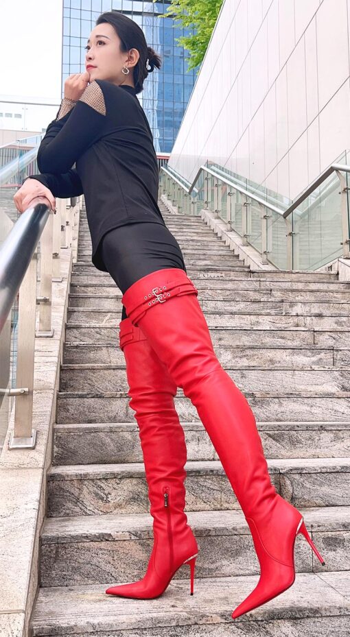 90% New In Stock OBL-TB-2440 Size 40 Red New Fender Goatskin 11cm Long Pointed Toe Thigh Boots - Image 2
