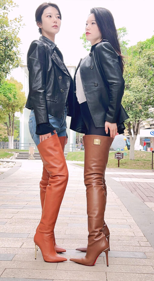90% new in stock OBL-T-2452 size 40 light brown high quality mixed breed sheepskin 11cm long pointed thigh boots - Image 2