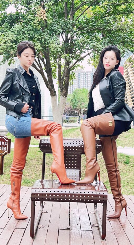 90% new in stock OBL-T-2452 size 40 light brown high quality mixed breed sheepskin 11cm long pointed thigh boots - Image 3