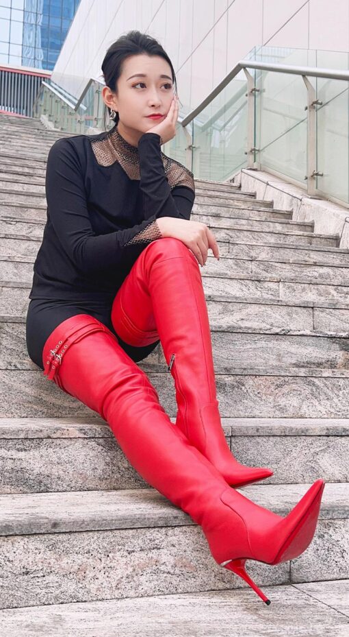 90% New In Stock OBL-TB-2440 Size 40 Red New Fender Goatskin 11cm Long Pointed Toe Thigh Boots - Image 4