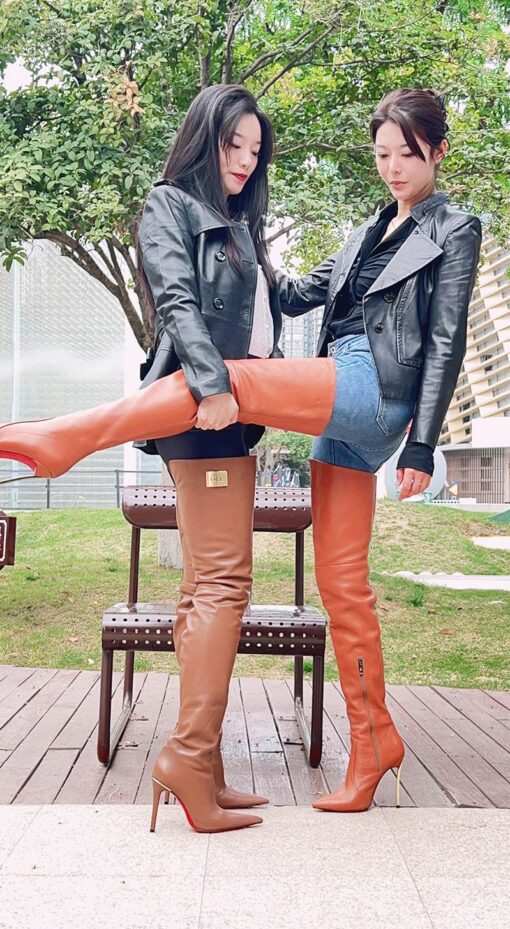 90% new in stock OBL-T-2452 size 40 light brown high quality mixed breed sheepskin 11cm long pointed thigh boots - Image 4