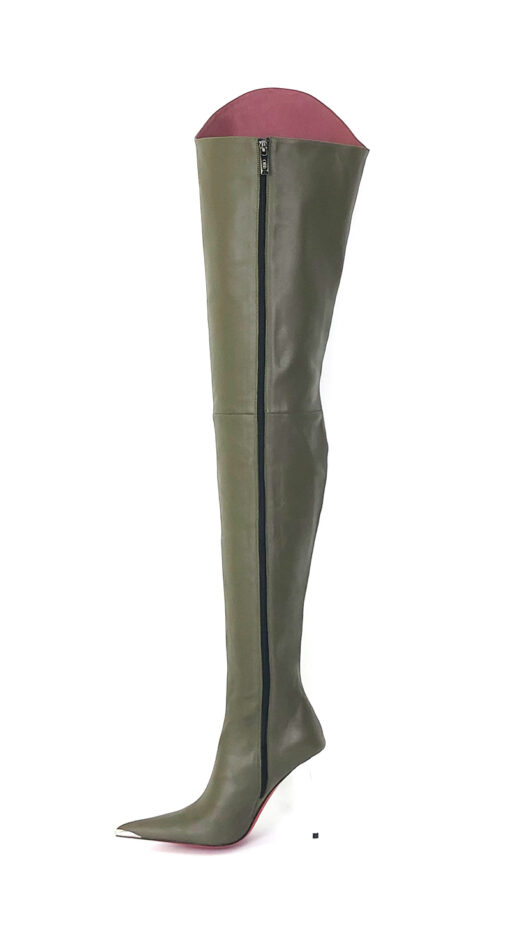 90% New In Stock OBL-S-2568 Size 39 Dark Green Mixed Sheepskin 11cm Long Pointed Toe Thigh Boots - Image 2