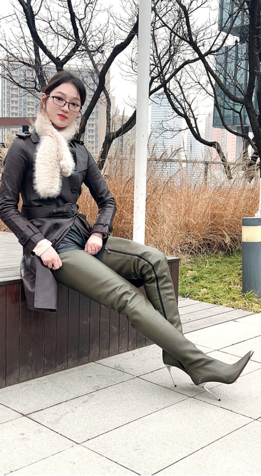 90% New In Stock OBL-S-2568 Size 39 Dark Green Mixed Sheepskin 11cm Long Pointed Toe Thigh Boots - Image 4
