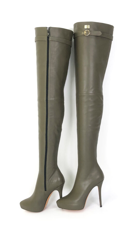 90% New In Stock OBL-TB-2570 Size 38 Dark Green Mixed Sheepskin 12cm Small Pointed Toe Thigh Boots - Image 3