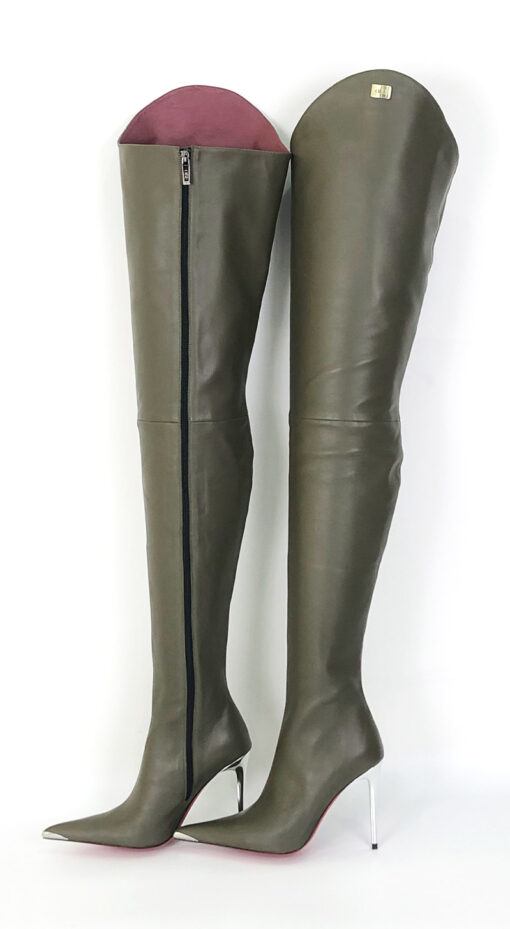 90% New In Stock OBL-S-2568 Size 39 Dark Green Mixed Sheepskin 11cm Long Pointed Toe Thigh Boots - Image 3