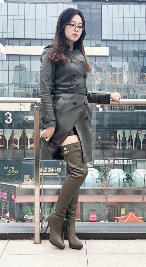 90% New In Stock OBL-TB-2570 Size 38 Dark Green Mixed Sheepskin 12cm Small Pointed Toe Thigh Boots - Image 4