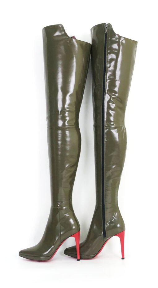 90% new in stock OBL-T-2585 size 38 dark green open beaded cowhide 11cm small pointed thigh boots - Image 5