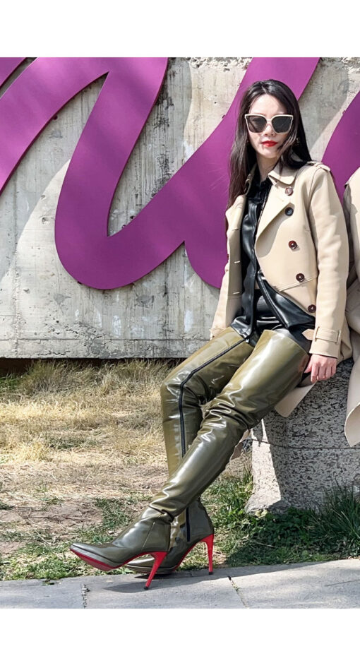 90% new in stock OBL-T-2585 size 38 dark green open beaded cowhide 11cm small pointed thigh boots