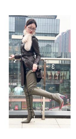 90% New In Stock OBL-S-2568 Size 39 Dark Green Mixed Sheepskin 11cm Long Pointed Toe Thigh Boots