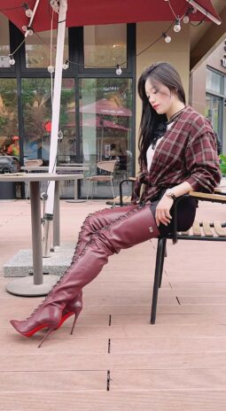 90% New In Stock OBL-T-2442 Size 40 Burgundy Mixed Sheepskin 12cm Small Pointed Toe Long Lace Up Thigh Boots