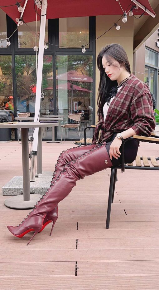 90% New In Stock OBL-T-2442 Size 40 Burgundy Mixed Sheepskin 12cm Small Pointed Toe Long Lace Up Thigh Boots