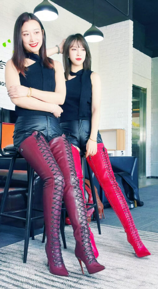 90% New In Stock OBL-T-2442 Size 40 Burgundy Mixed Sheepskin 12cm Small Pointed Toe Long Lace Up Thigh Boots - Image 3