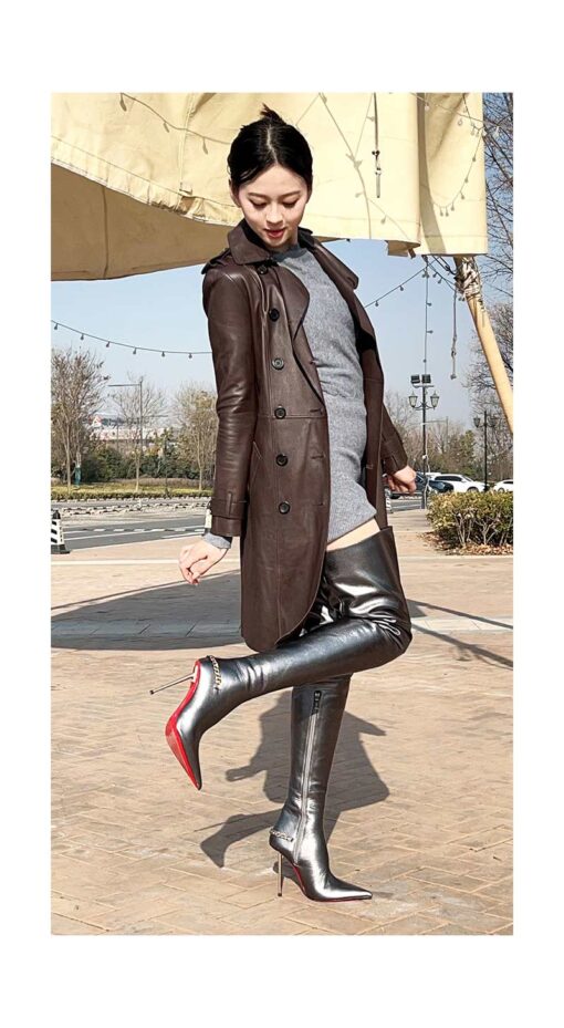 90% New In Stock OBL-T-2588 Size 38 Beaded Silver Goatskin 11cm Metal Heel Long Lace-Up Thigh Boots
