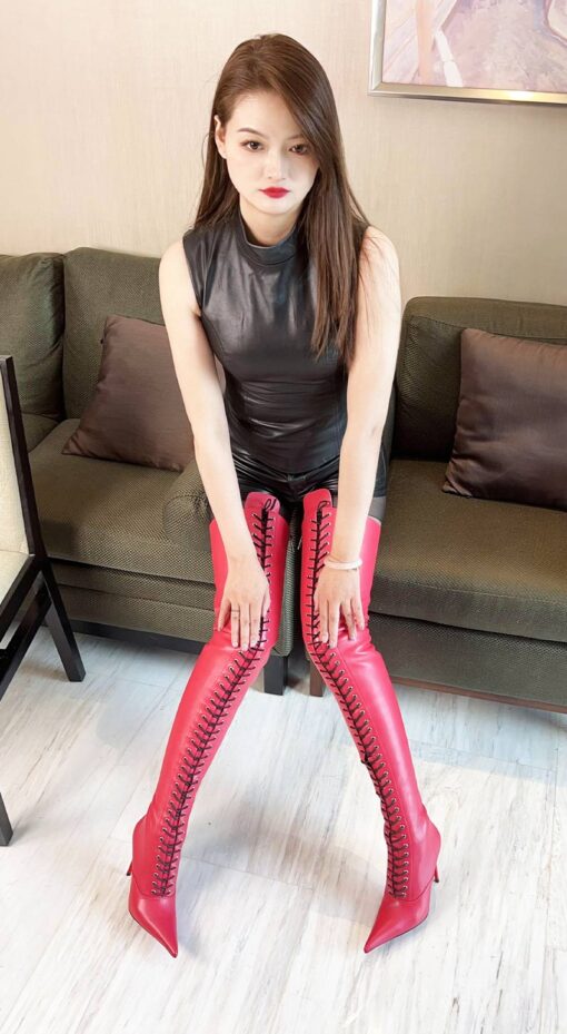 90% New In Stock OBL-T-2518 Size 38 Peach Mixed Sheepskin 11cm Long Lace-Up Thigh Boots - Image 3
