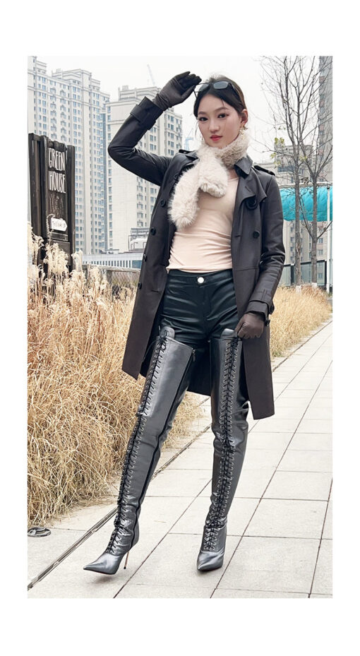 90% new in stock OBL-T-2560 Size 39 Metallic Mixed Sheepskin 11cm Slim Heel Long Lace-Up Thigh Boots