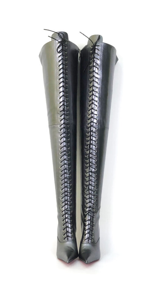 90% new in stock OBL-T-2560 Size 39 Metallic Mixed Sheepskin 11cm Slim Heel Long Lace-Up Thigh Boots - Image 4