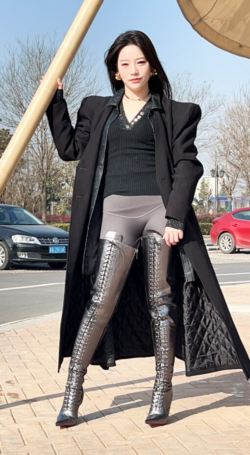 90% new in stock OBL-T-2560 Size 39 Metallic Mixed Sheepskin 11cm Slim Heel Long Lace-Up Thigh Boots - Image 3